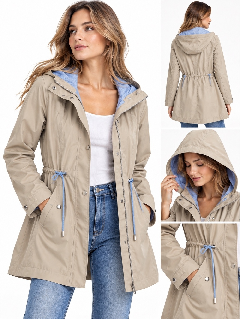 Esprit Women’s Beige Hooded Rain Jacket XL Lightweight Cinched Waist Blue Detail